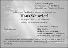 Traueranzeige Hans Weinzierl
