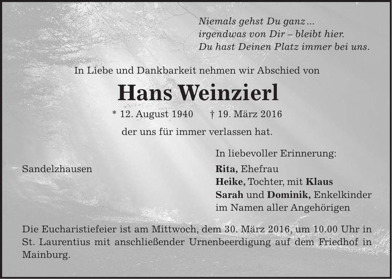Traueranzeige Hans Weinzierl