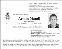 Traueranzeige Armin Mandl
