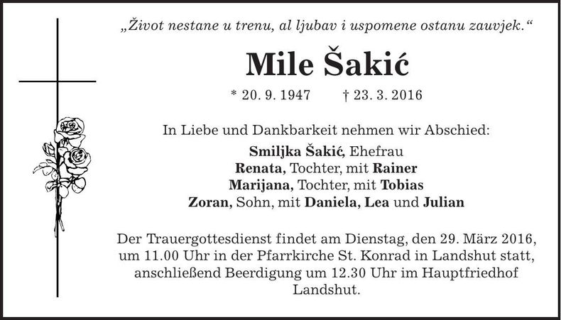 Traueranzeige Mile Sakic