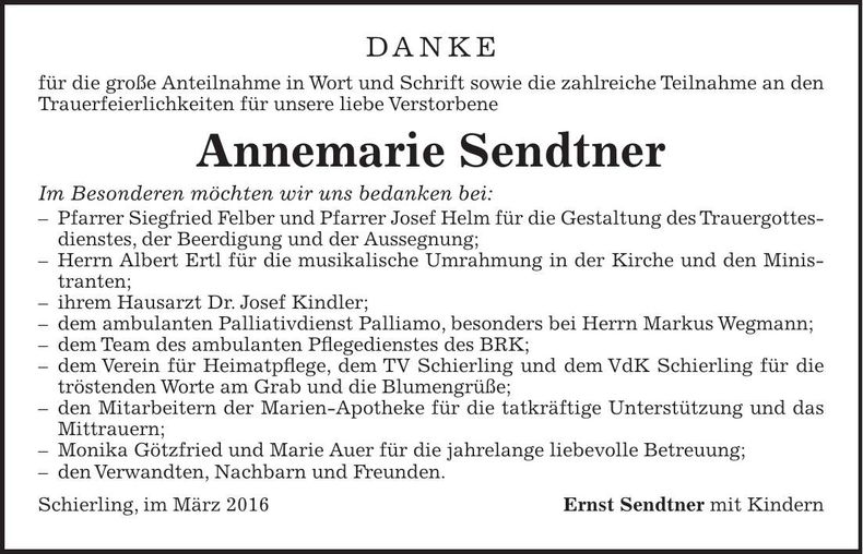 Traueranzeige Annemarie Sendtner