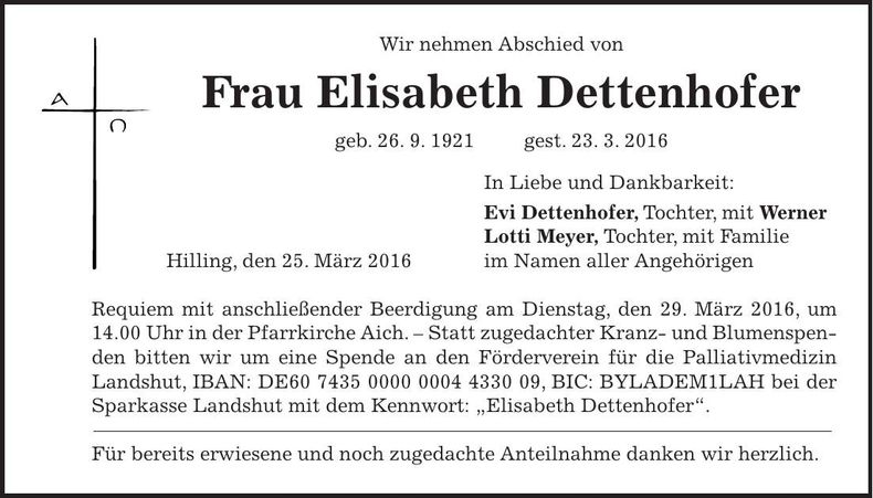 Traueranzeige Elisabeth Dettenhofer
