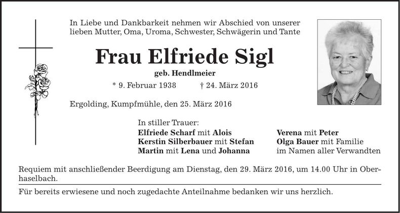 Traueranzeige Elfriede Sigl