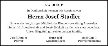 Traueranzeige Josef Stadler