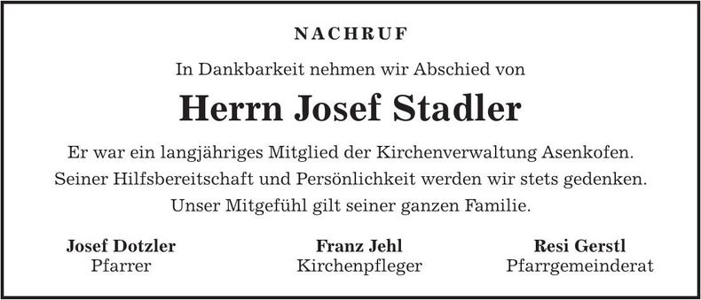 Traueranzeige Josef Stadler
