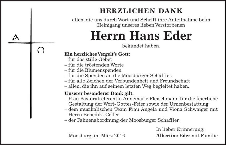 Traueranzeige Hans Eder
