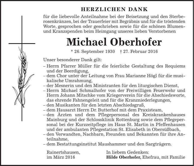 Traueranzeige Michael Oberhofer