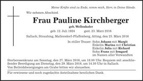 Traueranzeige Pauline Kirchberger