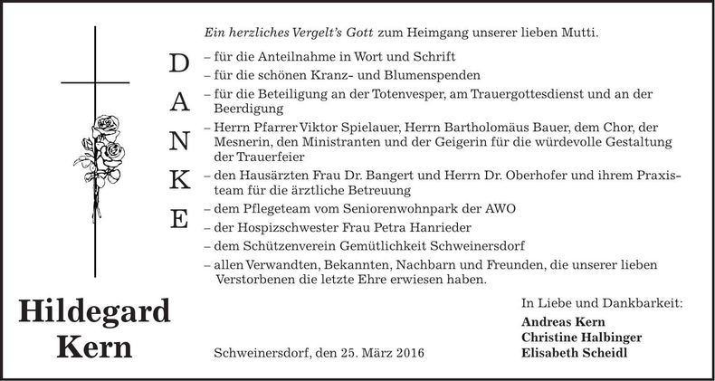 Traueranzeige Hildegard Kern
