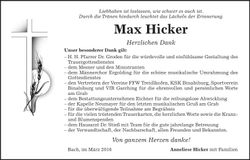 Traueranzeige Max Hicker