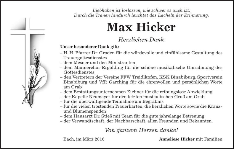 Traueranzeige Max Hicker