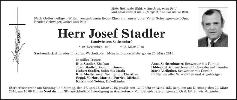 Traueranzeige Josef Stadler