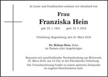 Traueranzeige Franziska Hein