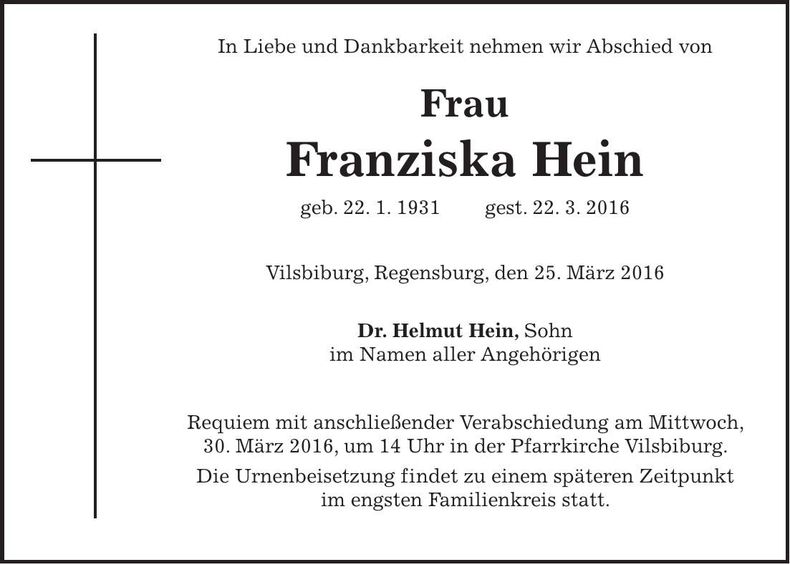 Traueranzeige Franziska Hein