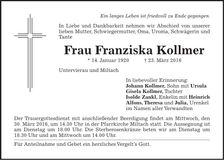 Traueranzeige Franziska Kollmer