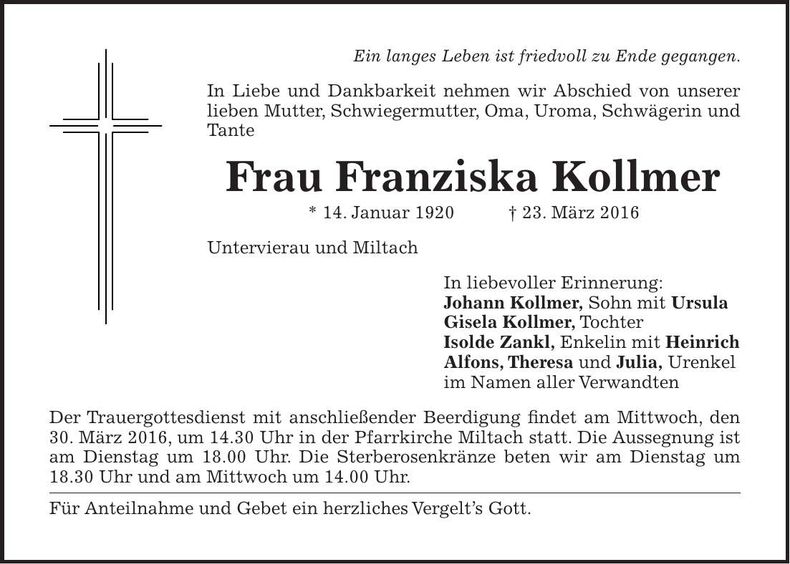 Traueranzeige Franziska Kollmer