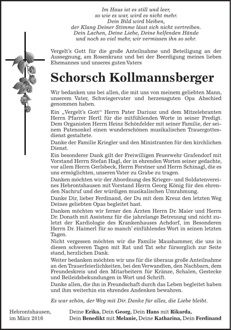 Traueranzeige Schorsch Kollmannsberger
