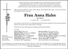 Traueranzeige Anna Hahn