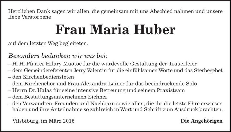Traueranzeige Maria Huber