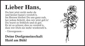 Traueranzeige Johann Wanninger