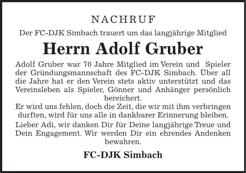 Traueranzeige Adolf Gruber