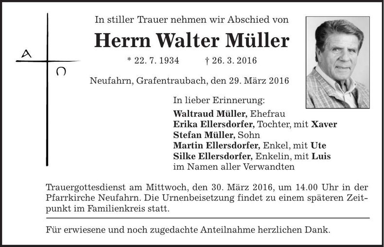 Traueranzeige Walter Müller