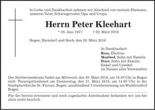 Traueranzeige Peter Kleehart