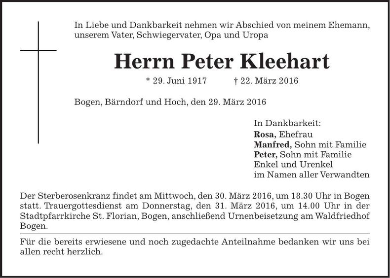 Traueranzeige Peter Kleehart