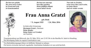 Traueranzeige Anna Gratzl