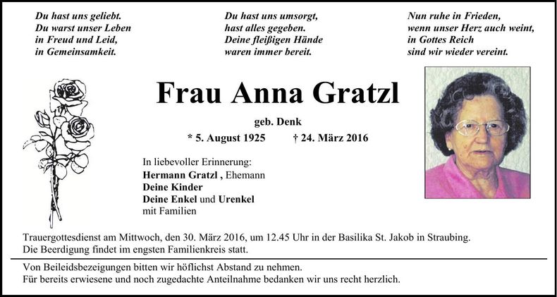 Traueranzeige Anna Gratzl