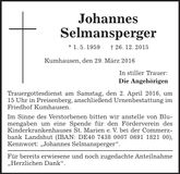 Traueranzeige Johannes Selmansperger