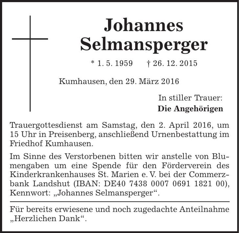 Traueranzeige Johannes Selmansperger