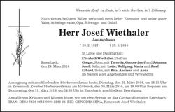Traueranzeige Josef Wiethaler