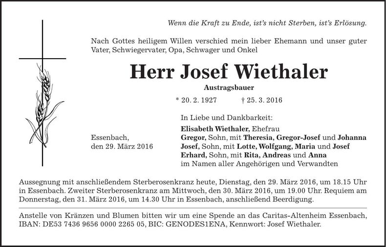 Traueranzeige Josef Wiethaler