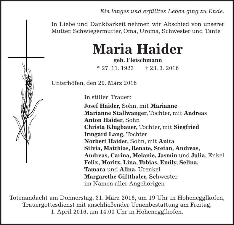 Traueranzeige Maria Haider