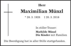 Traueranzeige Maximilian Münzl