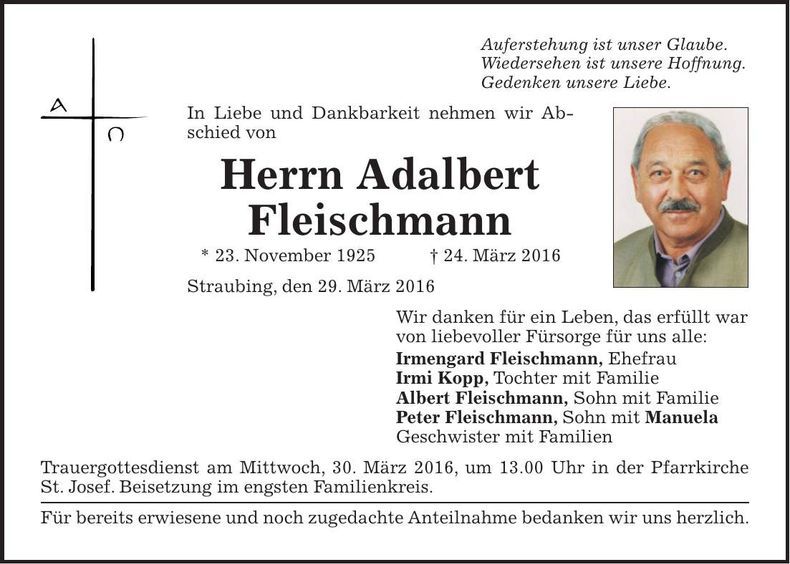 Traueranzeige Adalbert Fleischmann