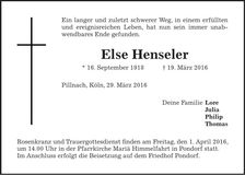Traueranzeige Else Henseler