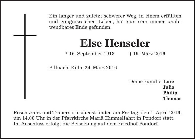 Traueranzeige Else Henseler