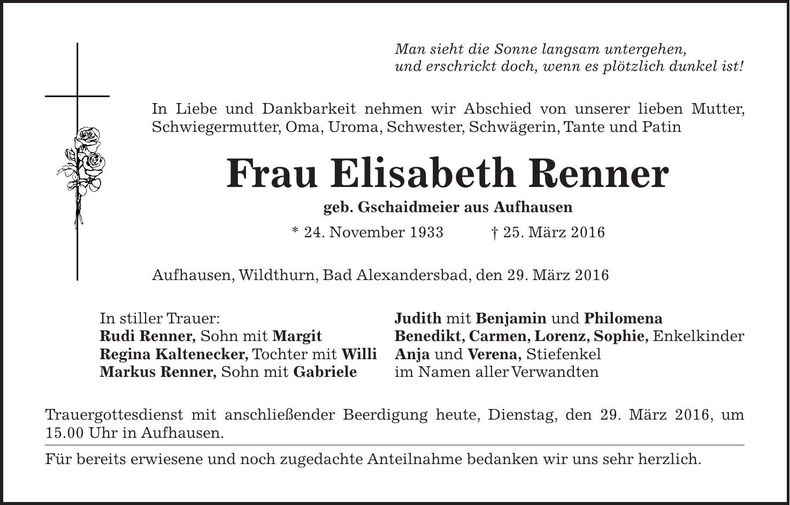 Traueranzeige Elisabeth Renner