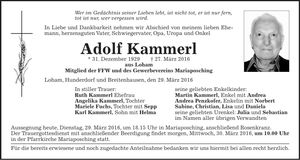 Traueranzeige Adolf Kammerl