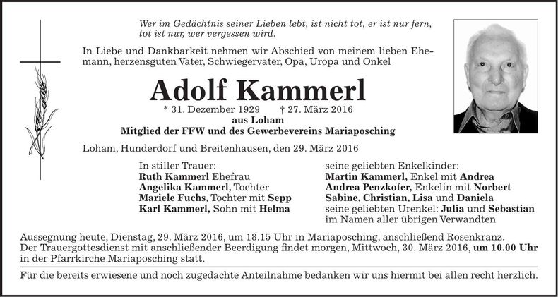 Traueranzeige Adolf Kammerl