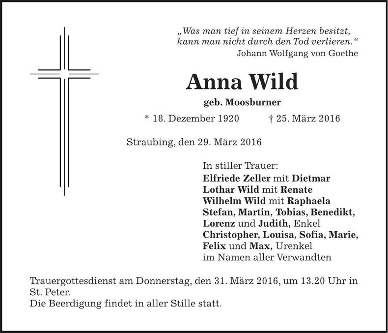 Traueranzeige Anna Wild