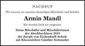 Traueranzeige Armin Mandl