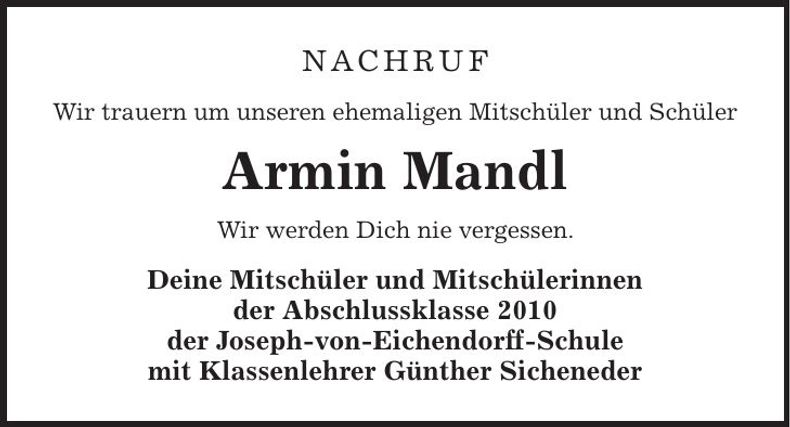 Traueranzeige Armin Mandl