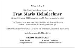 Traueranzeige Maria Helmlechner