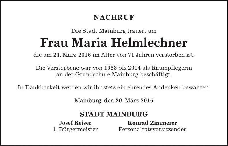 Traueranzeige Maria Helmlechner