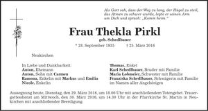 Traueranzeige Thekla Pirkl