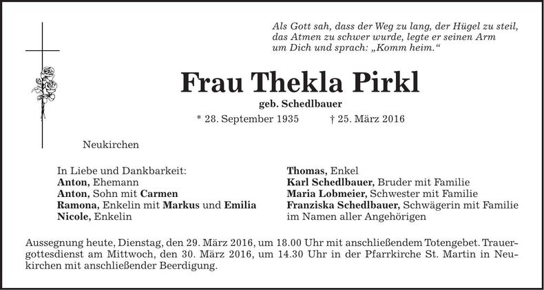 Traueranzeige Thekla Pirkl