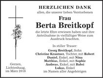 Traueranzeige Berta Breitkopf